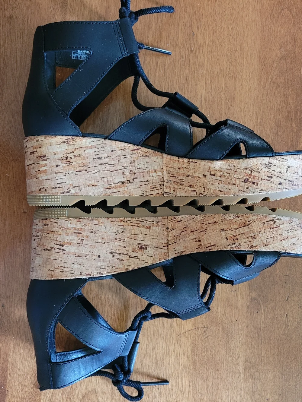 Black Lace-Up Cork Wedge Sandals - Women Sorel 7 Cameron Strappy Leather EUC
